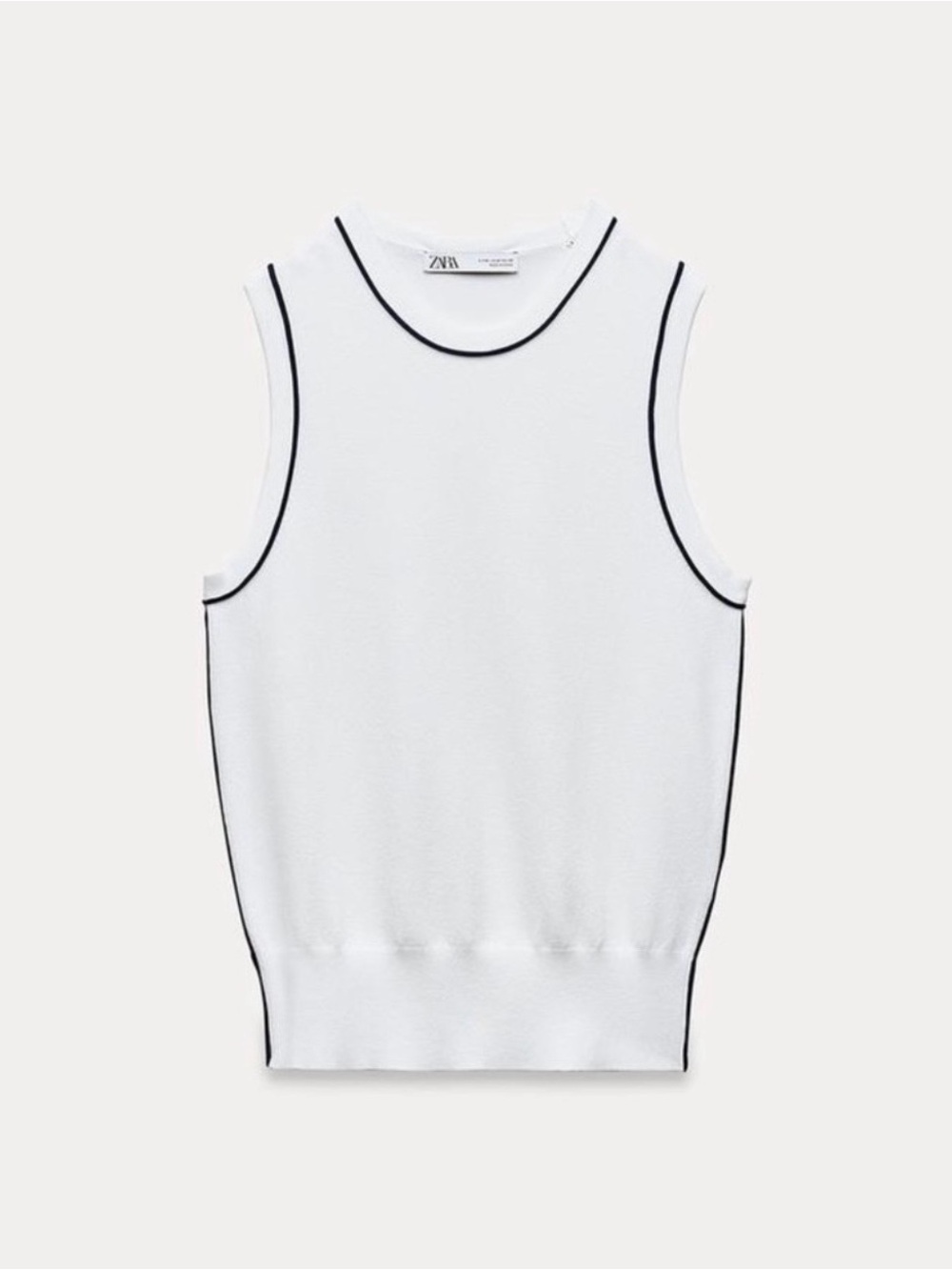 Zara Basic Knit Top White Navy Contrast Piping Sleeveless Size M